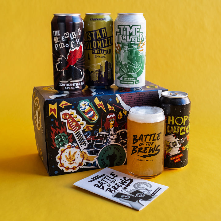 Collection of beer cans and a glass with 'Battle of the Brew' branding on a yellow background