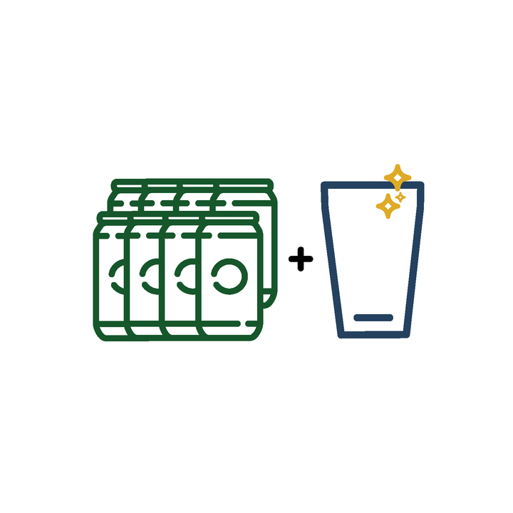 Illustration of a box of beer bottles and a glass with a plus sign between them on a white background.