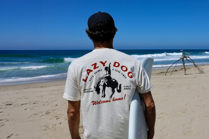 Person wearing a 'Lazy Dog' t-shirt on a beach with ocean view